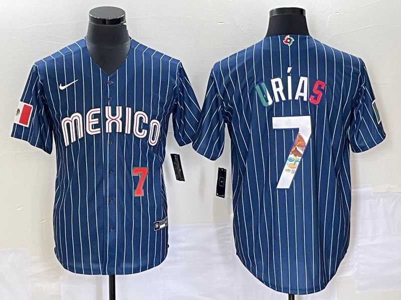 Men%27s Mexico Baseball #7 Julio Urias 2023 Navy Blue Pinstripe World Baseball Classic Stitched Jersey